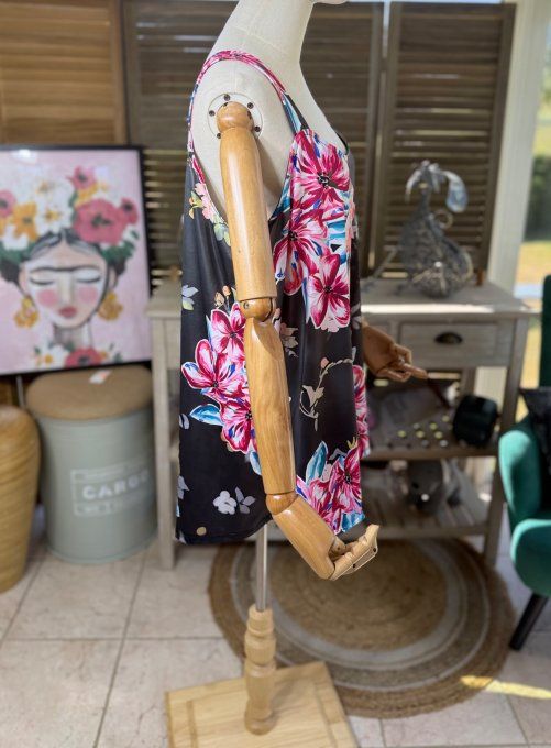 Top débardeur trapèze noir grisé Frida Kahlo aux Fleurs du 40 au 50/52 