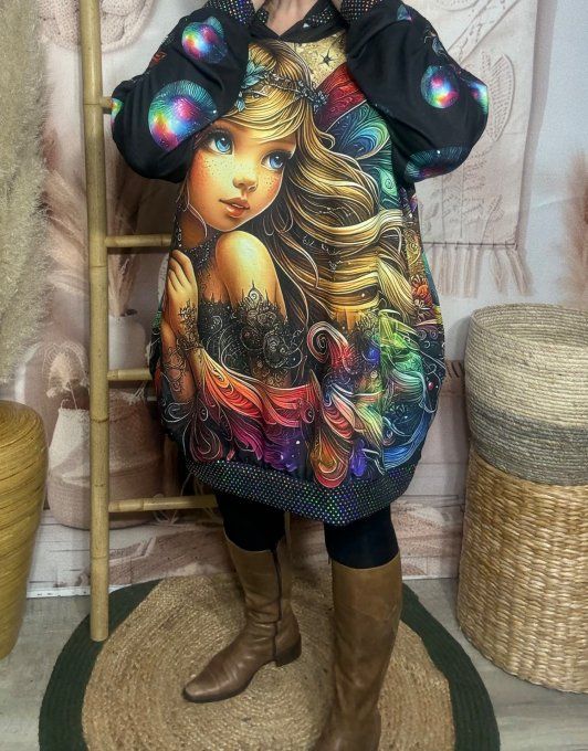 Sweat à capuche long multicolore La Fillette Arc-en-Ciel paillettes du 40 au 50/52   