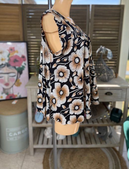 Blouse courte trapèze manches volantées tons chocolat du 36 au 46/48