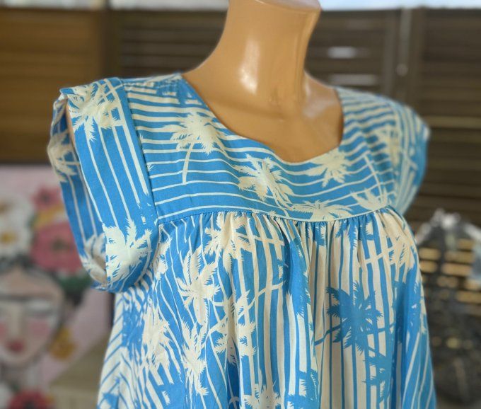Blouse courte trapèze manches volantées rayée bleu blanc feuilles du 36 au 46/48 