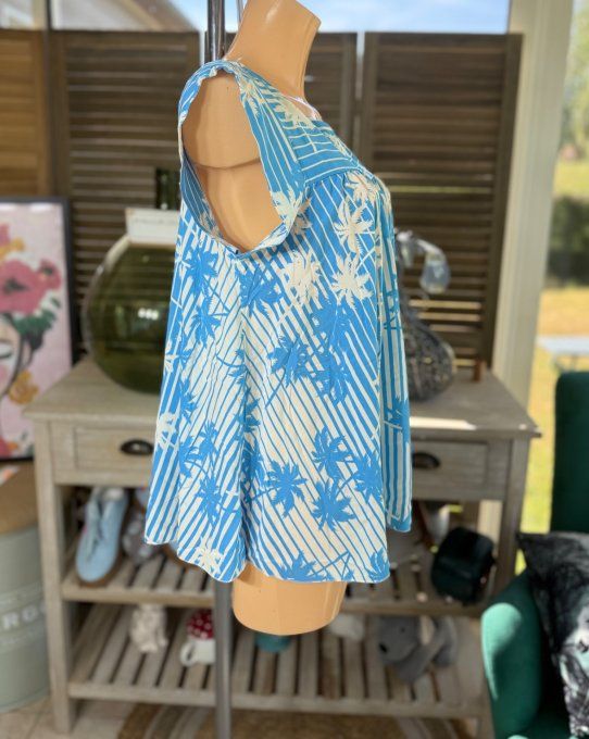 Blouse courte trapèze manches volantées rayée bleu blanc feuilles du 36 au 46/48 