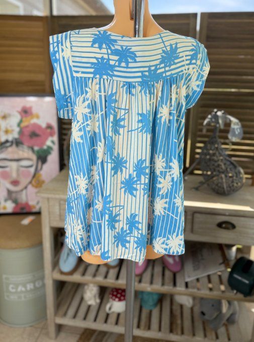 Blouse courte trapèze manches volantées rayée bleu blanc feuilles du 36 au 46/48 