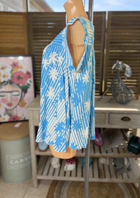 Blouse courte trapèze manches volantées rayée bleu blanc feuilles du 36 au 46/48 