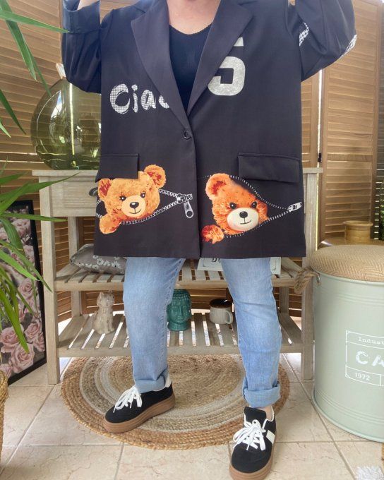 Veste blazer ample noire doublée Teddy Bear Ciao du 42 au 50/52 et +  