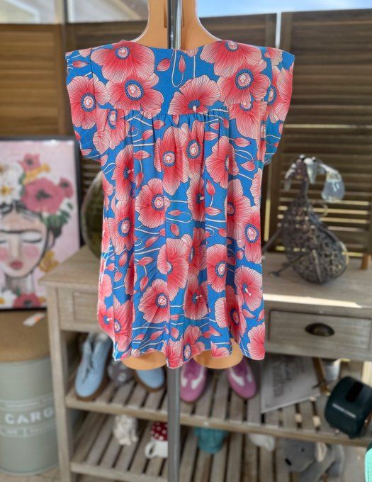 Blouse courte trapèze manches volantées tons bleu & corail du 36 au 46/48 