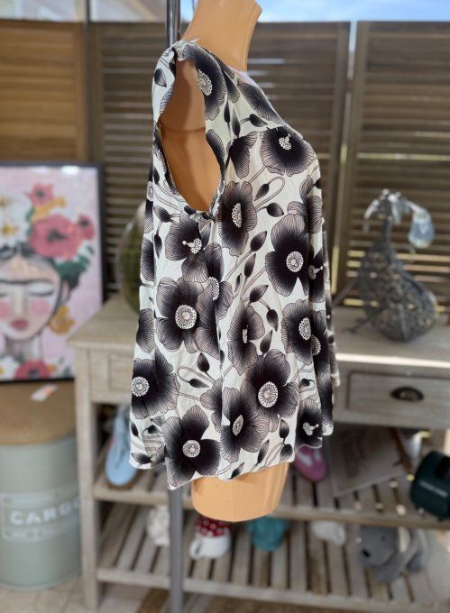 Blouse courte trapèze manches volantées tons noirs du 36 au 46/48