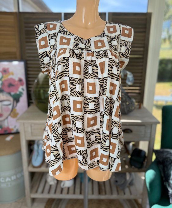 Blouse courte trapèze manches volantées Ethnique chocolat du 36 au 46/48 