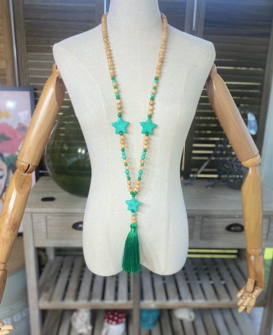 Sautoir étoiles pompon vert Gucci marbré & perles bois bohème chic