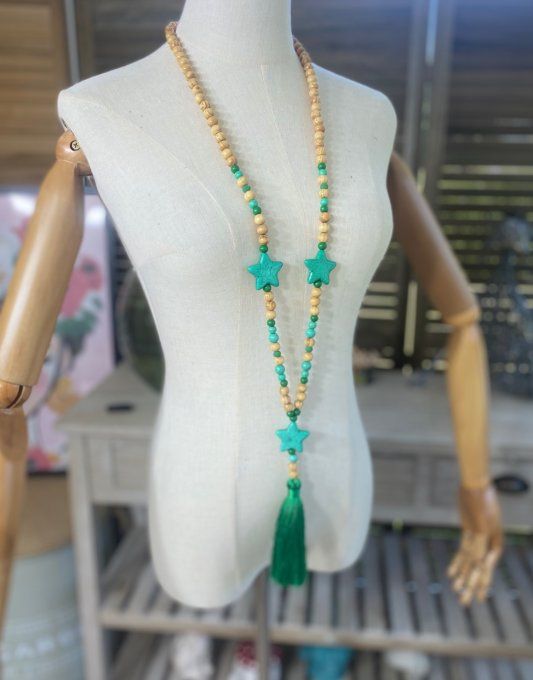 Sautoir étoiles pompon vert Gucci marbré & perles bois bohème chic