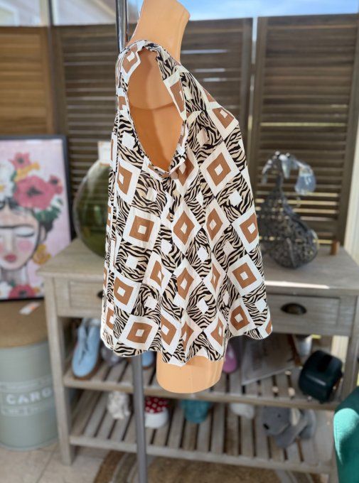 Blouse courte trapèze manches volantées Ethnique chocolat du 36 au 46/48 