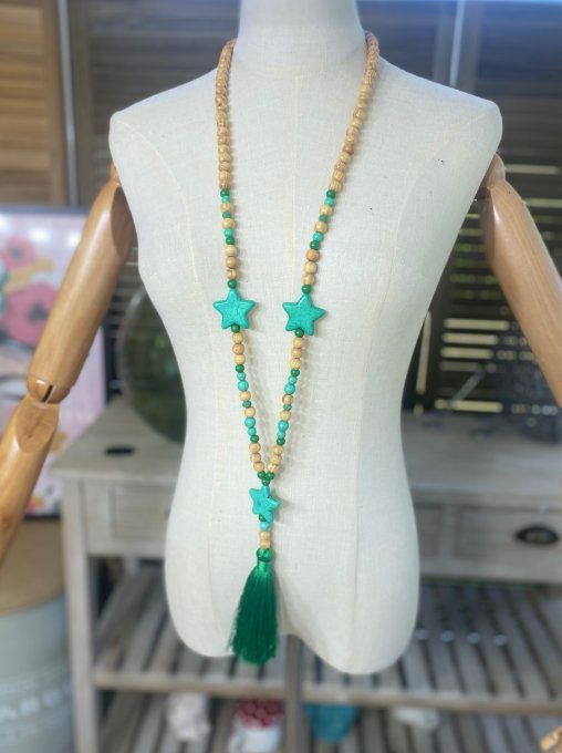 Sautoir étoiles pompon vert Gucci marbré & perles bois bohème chic