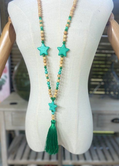 Sautoir étoiles pompon vert Gucci marbré & perles bois bohème chic