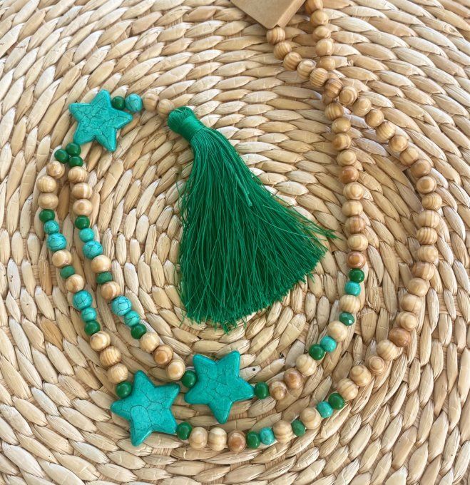 Sautoir étoiles pompon vert Gucci marbré & perles bois bohème chic