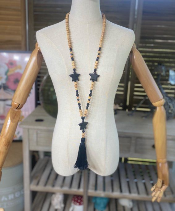 Sautoir étoiles pompon noir marbré & perles bois bohème chic 