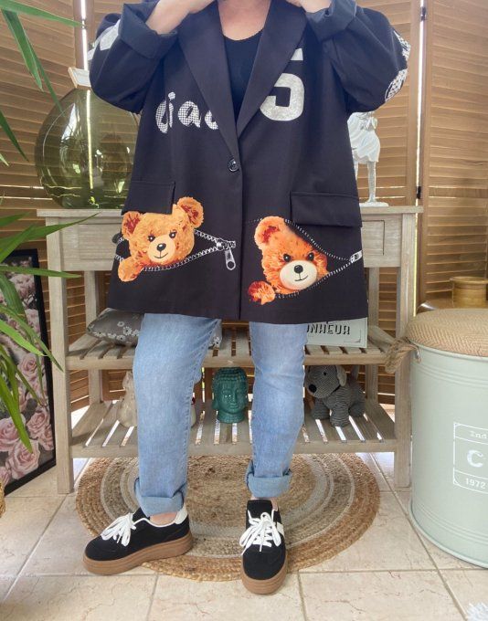 Veste blazer ample noire doublée Teddy Bear Ciao du 42 au 50/52 et +  