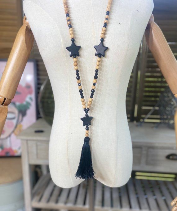 Sautoir étoiles pompon noir marbré & perles bois bohème chic 