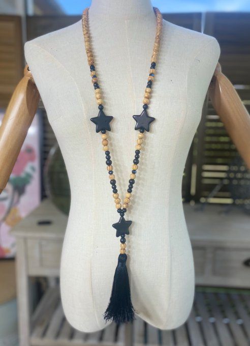 Sautoir étoiles pompon noir marbré & perles bois bohème chic 