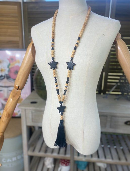 Sautoir étoiles pompon noir marbré & perles bois bohème chic 