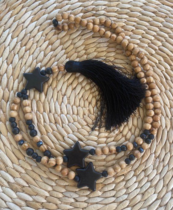 Sautoir étoiles pompon noir marbré & perles bois bohème chic 
