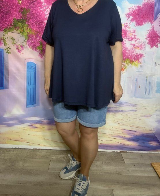 Top trapèze marine manches courtes col V collection Les Basiques du Dressing du 40 au 54