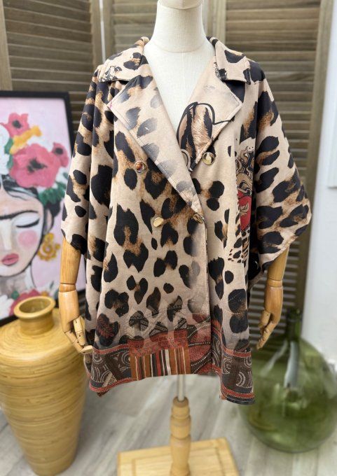 Veste-cape oversize suédine Léopard Frida Kahlo revisitée TOUTES TAILLES jusqu'au 60