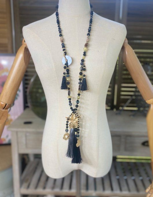 Sautoir camaïeu de gris & noirs perles verre pendentif fleur qualité +++
