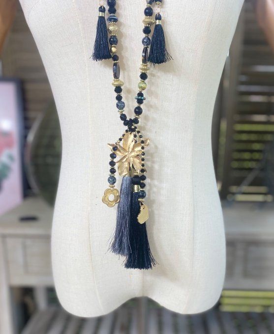 Sautoir camaïeu de gris & noirs perles verre pendentif fleur qualité +++