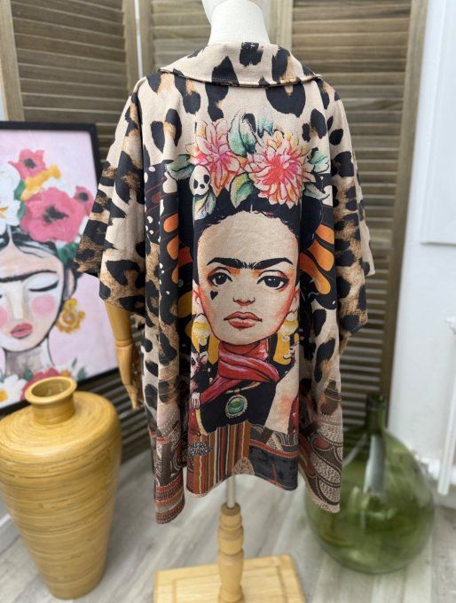 Veste-cape oversize suédine Léopard Frida Kahlo revisitée TOUTES TAILLES jusqu'au 60