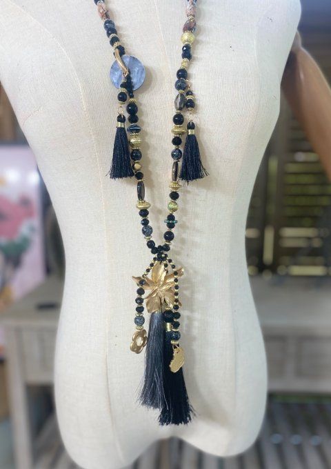 Sautoir camaïeu de gris & noirs perles verre pendentif fleur qualité +++