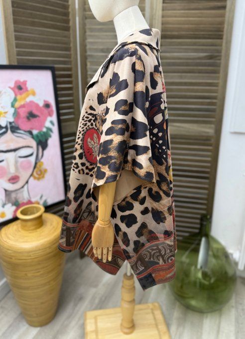 Veste-cape oversize suédine Léopard Frida Kahlo revisitée TOUTES TAILLES jusqu'au 60