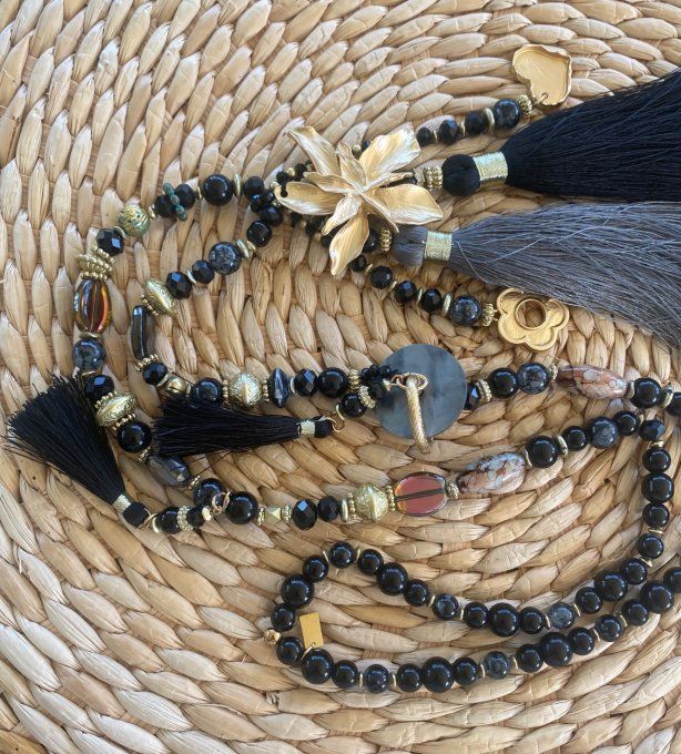 Sautoir camaïeu de gris & noirs perles verre pendentif fleur qualité +++