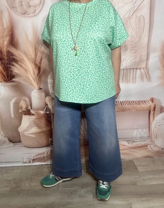 Sweat ample manches courtes Léopard Menthe & Vert d'eau du 40 au 50/52