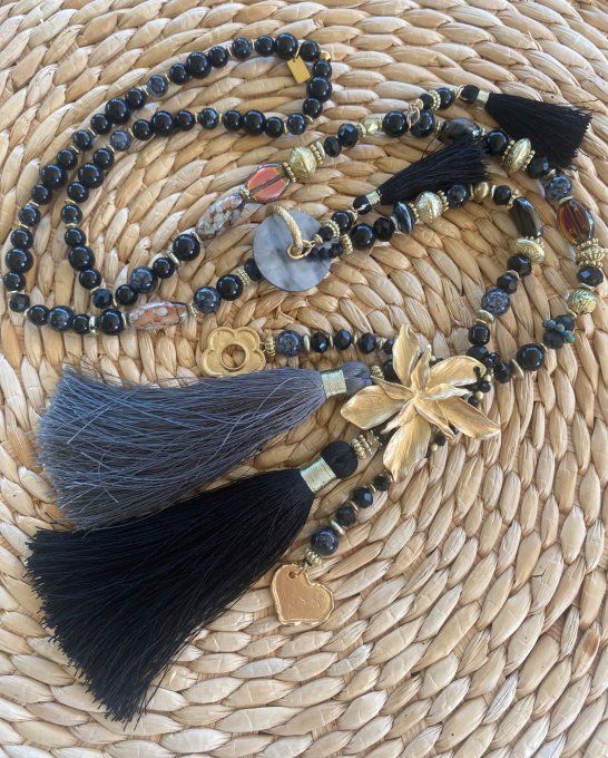 Sautoir camaïeu de gris & noirs perles verre pendentif fleur qualité +++