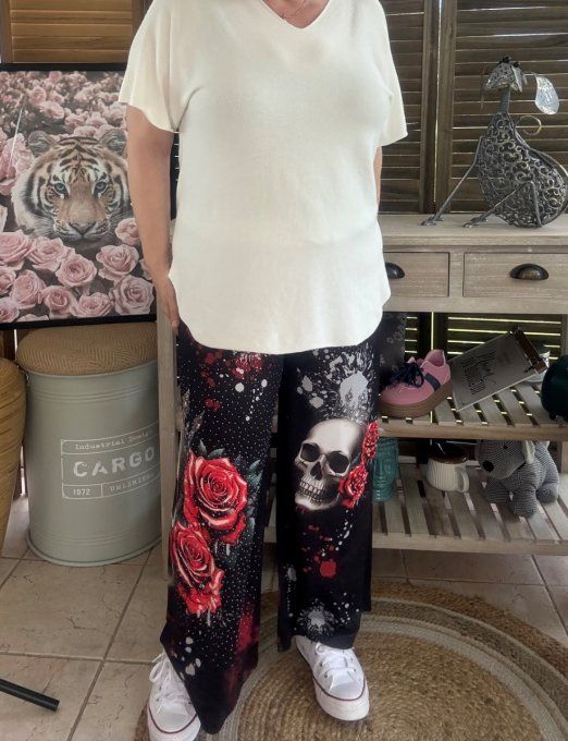 pantalon Palazzo noir King Skulls & Red Roses perles et strass confort +++ du 40 au 50/52