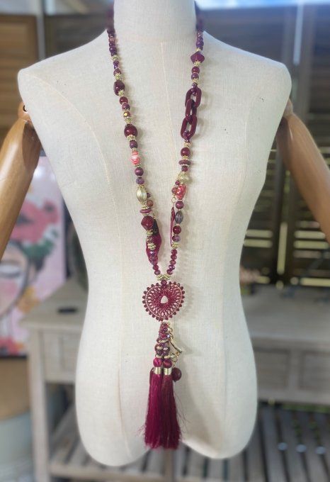 Sautoir camaïeu de bordeaux & lie de Vin perles verre pendentif coeur qualité +++ 
