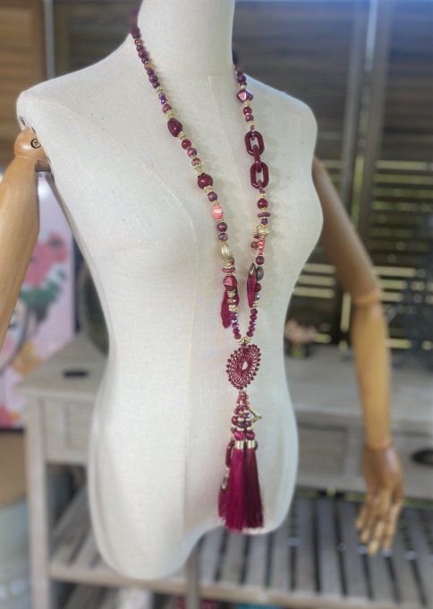 Sautoir camaïeu de bordeaux & lie de Vin perles verre pendentif coeur qualité +++ 