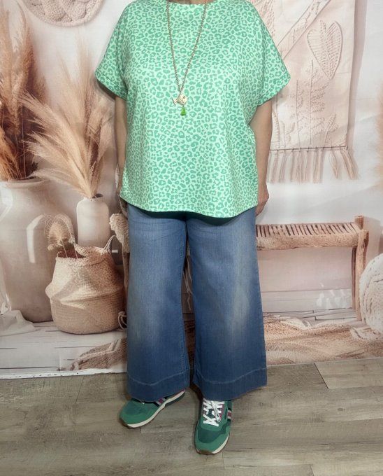 Sweat ample manches courtes Léopard Menthe & Vert d'eau du 40 au 52/54 