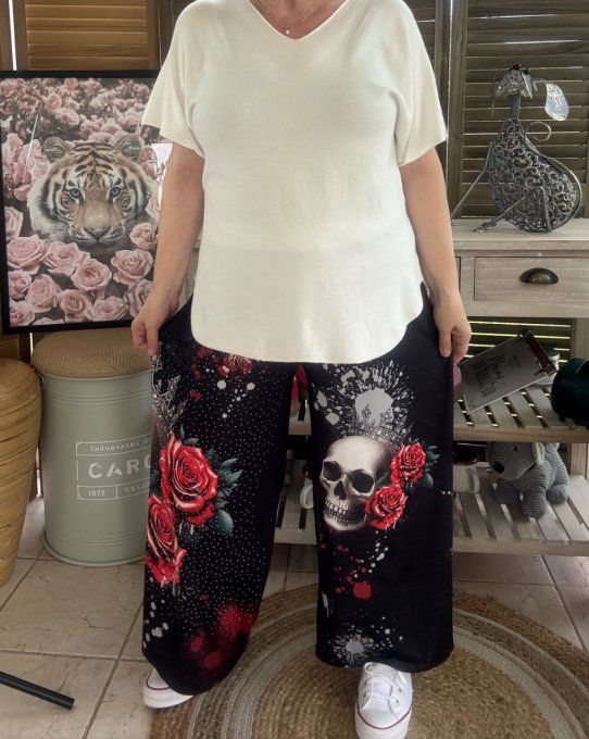 pantalon Palazzo noir King Skulls & Red Roses perles et strass confort +++ du 40 au 50/52