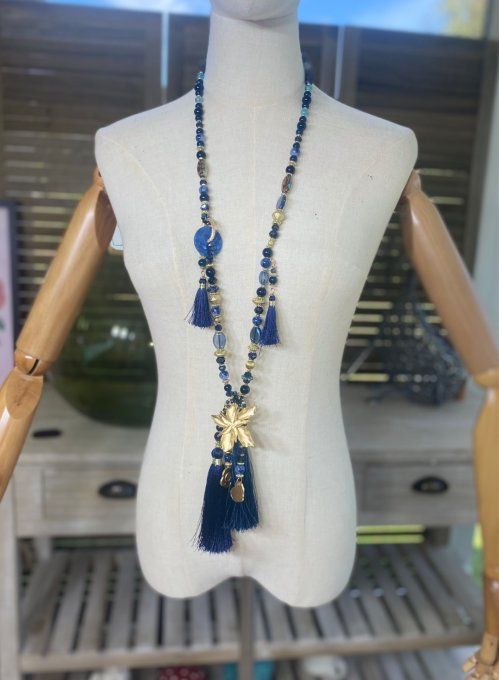 Sautoir camaïeu de bleus & marine perles verre pendentif fleur qualité +++ 