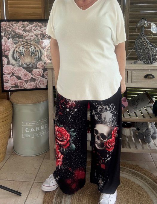 pantalon Palazzo noir King Skulls & Red Roses perles et strass confort +++ du 40 au 50/52