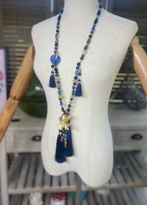 Sautoir camaïeu de bleus & marine perles verre pendentif fleur qualité +++ 