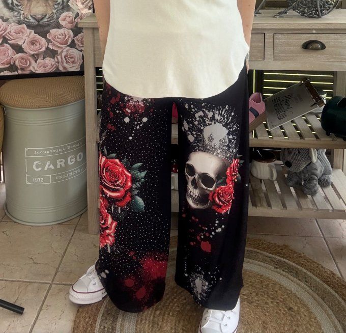 pantalon Palazzo noir King Skulls & Red Roses perles et strass confort +++ du 40 au 50/52