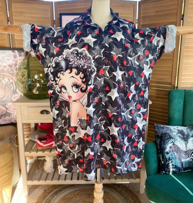 Robe chemise oversize noire étoiles  Betty Boop Cosmo Girl du 42 au 52/54 