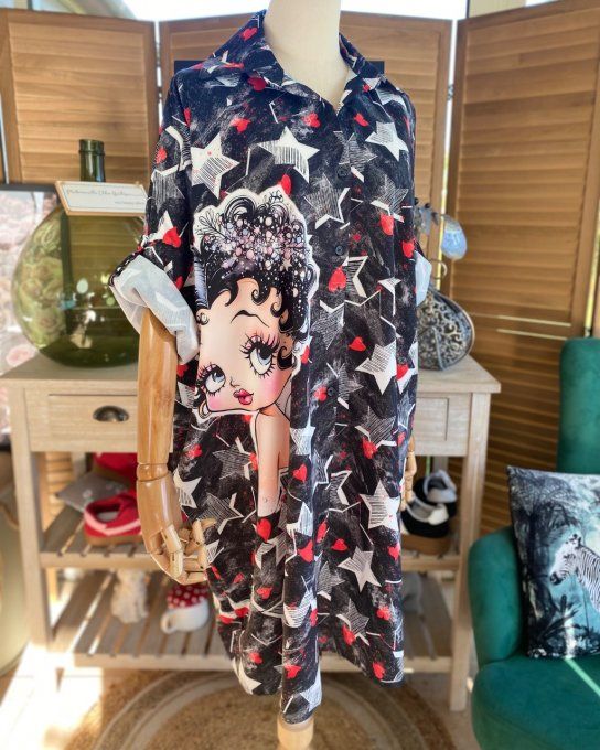 Robe chemise oversize noire étoiles  Betty Boop Cosmo Girl du 42 au 52/54 