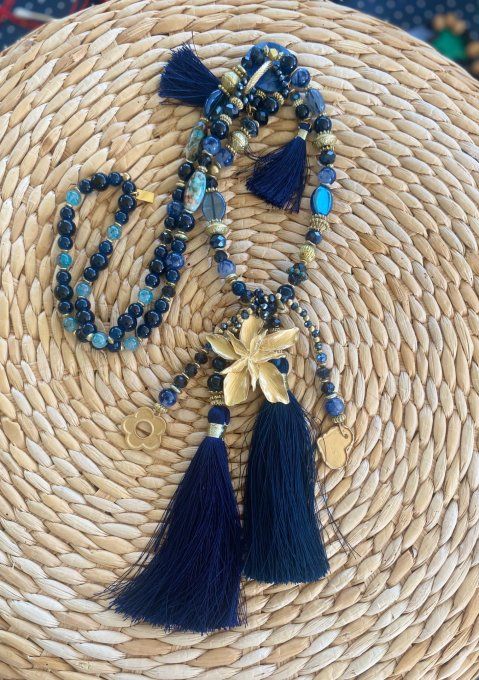 Sautoir camaïeu de bleus & marine perles verre pendentif fleur qualité +++ 