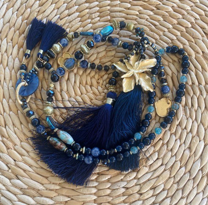Sautoir camaïeu de bleus & marine perles verre pendentif fleur qualité +++ 