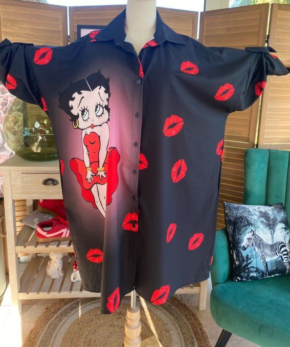 Robe chemise oversize noire Betty Boop Red Love du 42 au 52/54