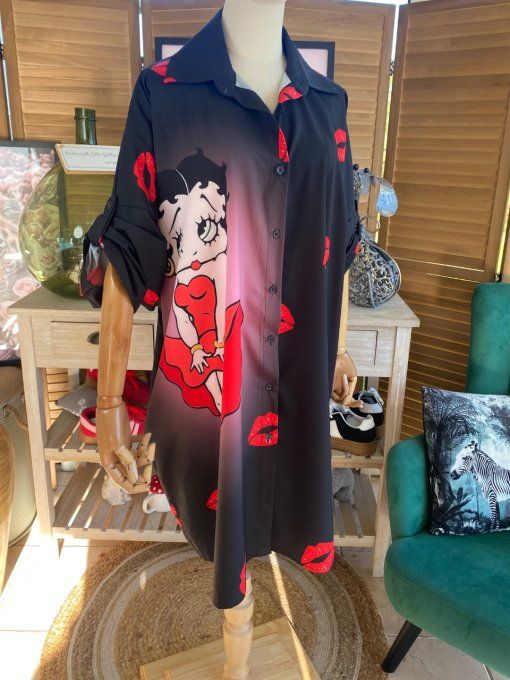 Robe chemise oversize noire Betty Boop Red Love du 42 au 52/54
