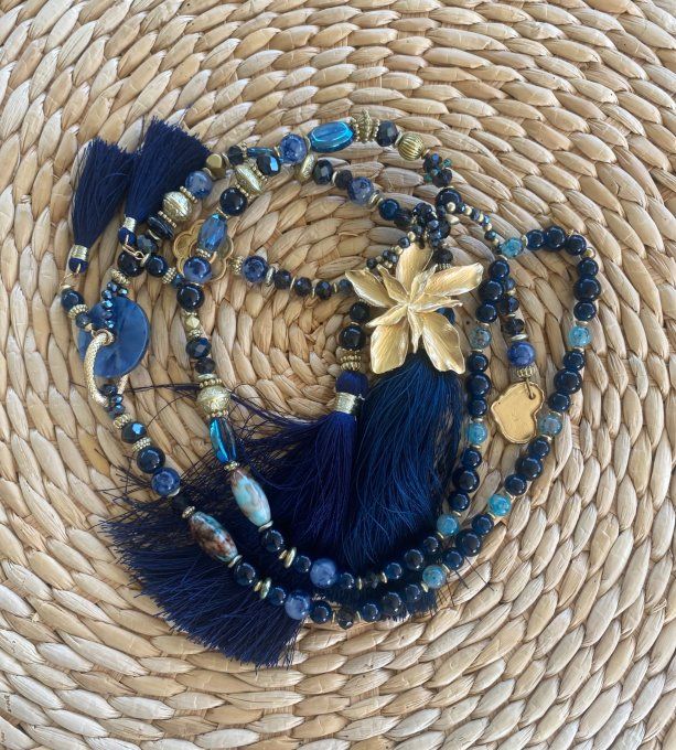 Sautoir camaïeu de bleus & marine perles verre pendentif fleur qualité +++ 