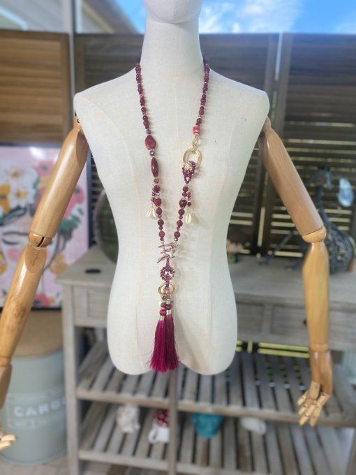 Sautoir camaïeu de Bordeaux & Lie de Vin perles verre pendentif feuille qualité +++